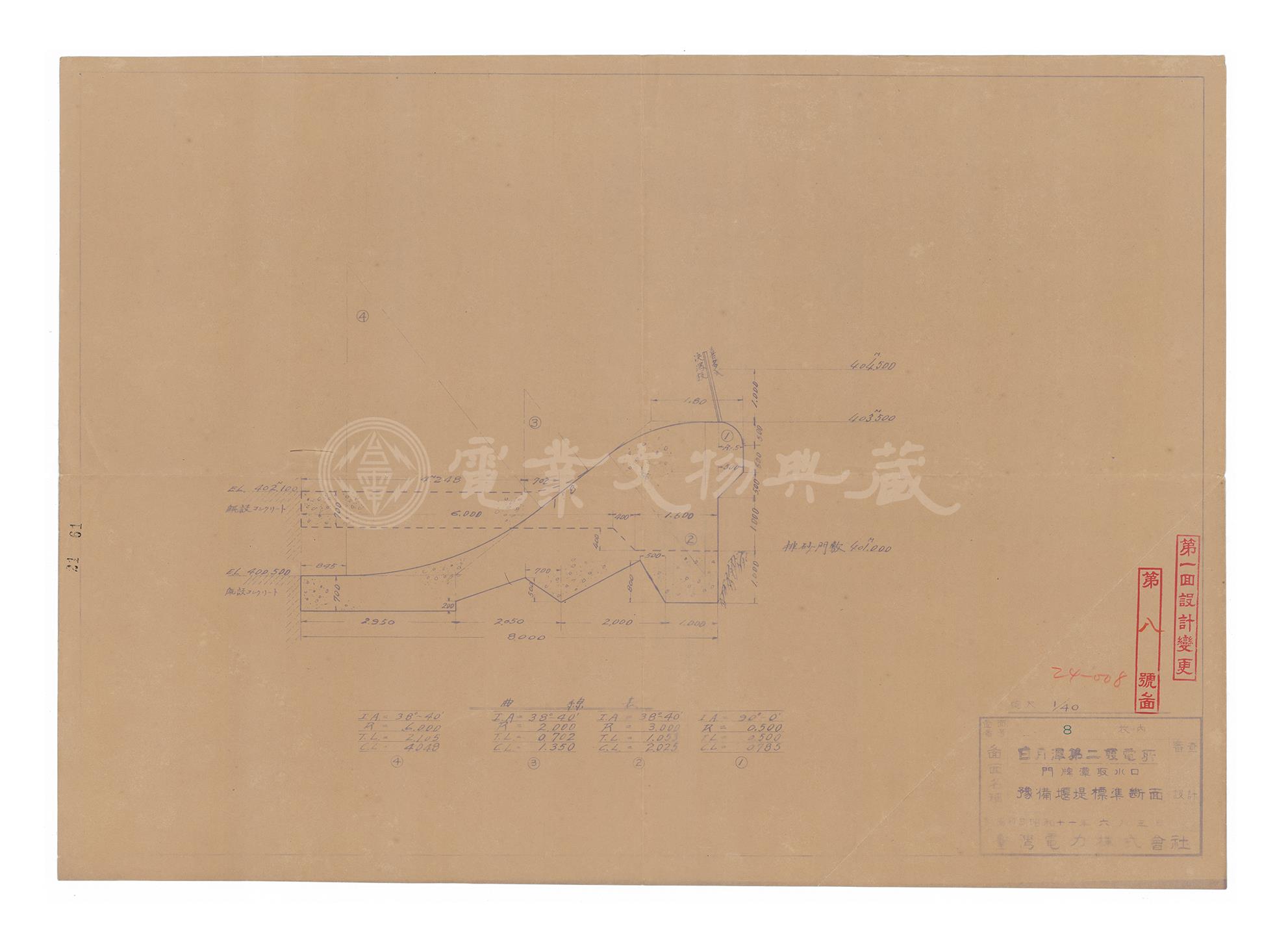 日月潭第二發電所　門牌潭取水口　預備堰堤標準斷面