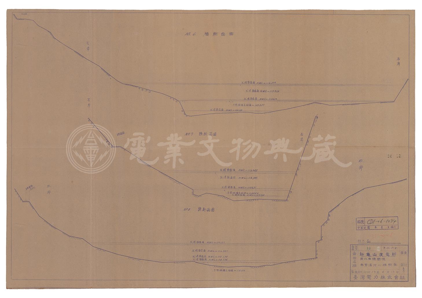 新龜山發電所迴水曲線關係南勢溪河川橫斷圖(No.6至No.8)