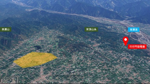 圖-1google earth之荖濃溪流域與美濃聚落