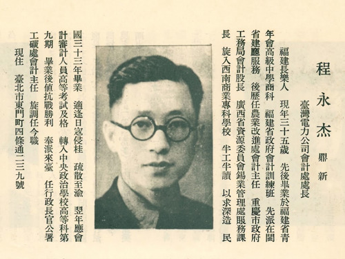 1947 年 3 月的一本出版品,也提到程永杰已調任「臺灣電力公司會計處處長」。(翻攝自《臺灣時人誌》,臺北:國光出版社,1947)