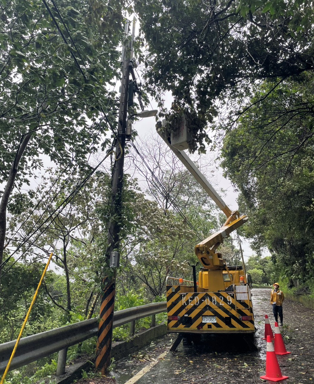 ”強風吹倒路樹壓損電線造成停電，派員全力搶修中，總共三張圖”