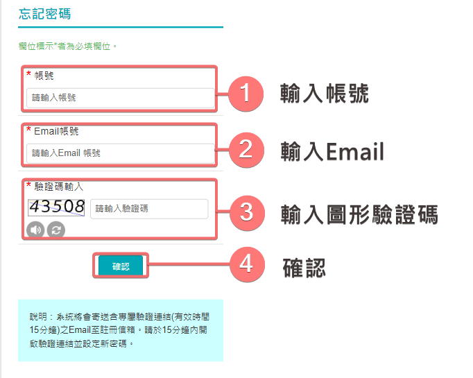 填寫資料(帳號、E-mail帳號)